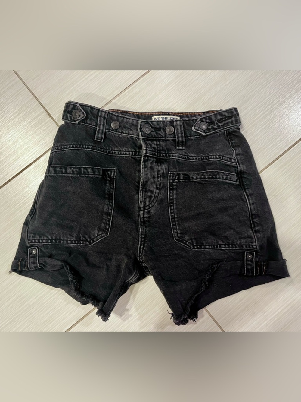 NWOT Free People We The Free Black High-Rise Cinch Waist Distressed Denim Shorts